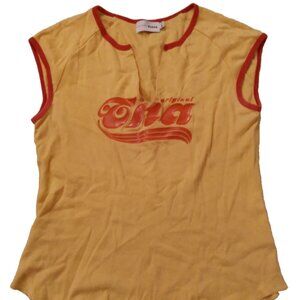 Aritzia Original TNA Shirt M/L Sleeveless Ringer Tee Yellow Red Logo